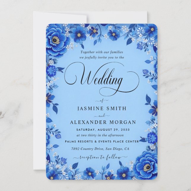 Invitación Flores Azules Florales Boda Simple (Anverso)