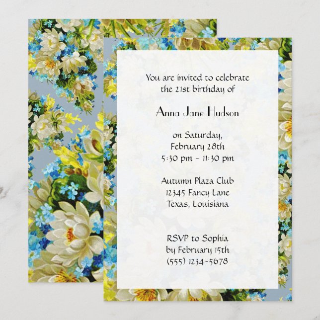 Invitación Flores azules, flores blancas, cumpleaños floral (Anverso / Reverso)