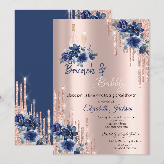 Invitación Flores azules gotean ducha de novias de brunch y b (Anverso / Reverso)