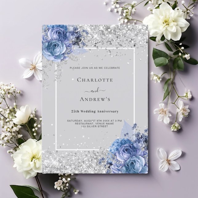 Invitación Flores azules gris plata 25 aniversario de bodas (Subido por el creador)