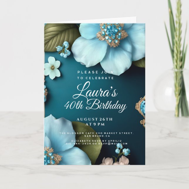 Invitación Flores azules hojas verdes purpurina de oro Cumple (Anverso)