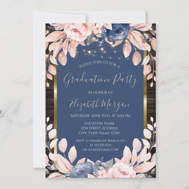 Invitación Flores Azules, Luces de Cadenas, Madera (Anverso)
