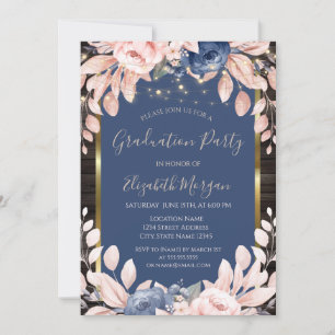 Invitación Flores Azules, Luces de Cadenas, Madera