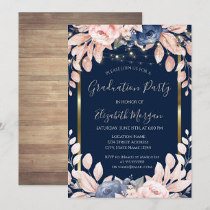 Invitación Flores Azules, Luces, Madera, Fiesta de Graduación