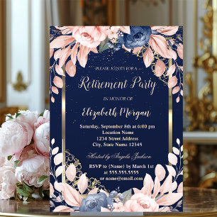 Invitación Flores Azules Marco Dorado Azul Marino Jubilación