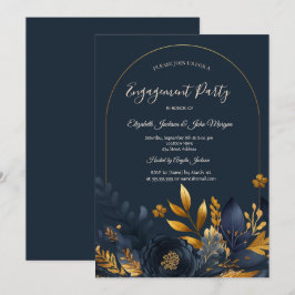 Invitación Flores Azules Marino Hojas Doradas Compromiso