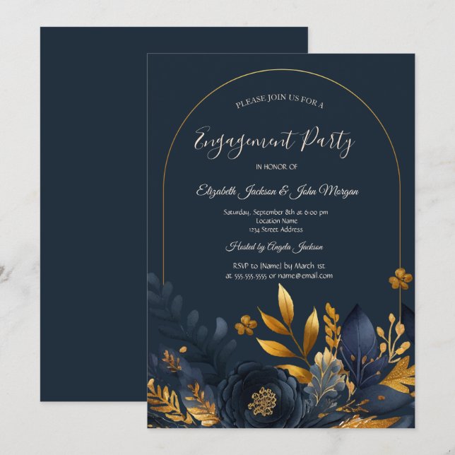 Invitación Flores Azules Marino Hojas Doradas Compromiso (Anverso / Reverso)
