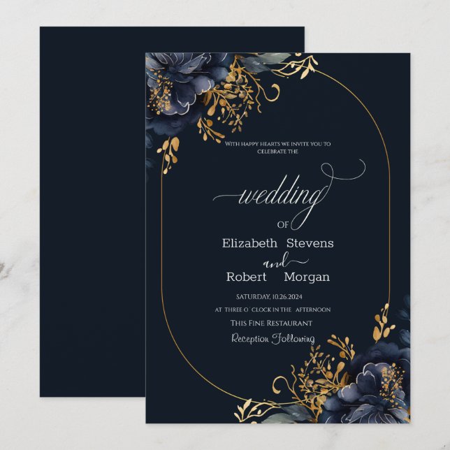 Invitación Flores Azules Marinos Marco de Hojas Doradas Boda (Anverso / Reverso)