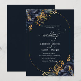 Invitación Flores Azules Marinos Marco de Hojas Doradas Boda