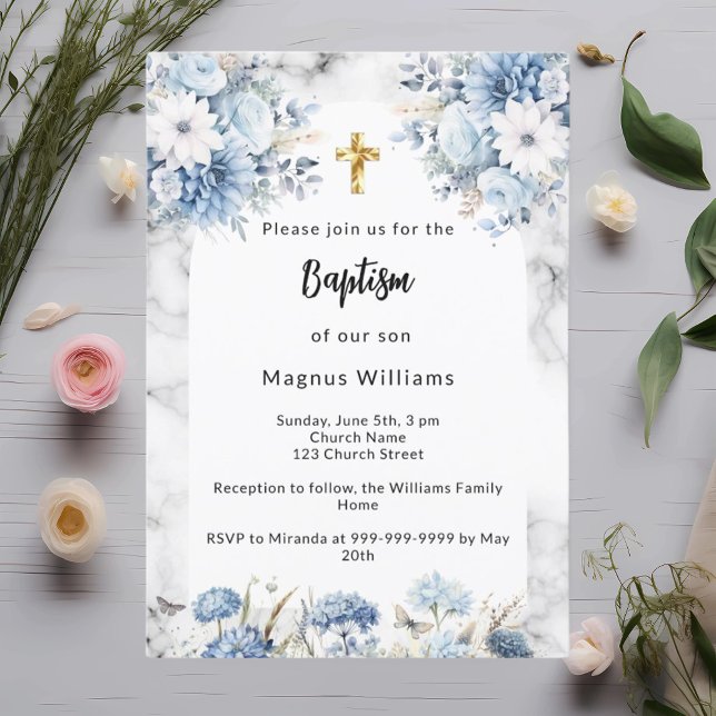 Invitación Flores azules mármol arco cruz de oro bautismo (Subido por el creador)