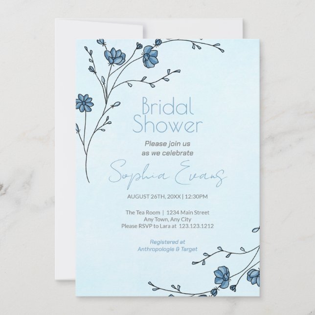 Invitación Flores azules modernas duchas de novia azul claro (Anverso)