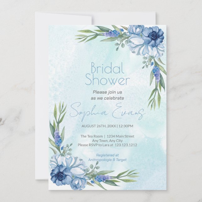 Invitación Flores azules modernas duchas de novia azul claro (Anverso)