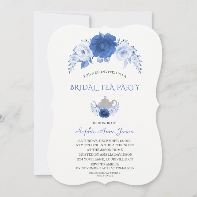 Invitación Flores azules modernas Fiesta de té de novia (Anverso)