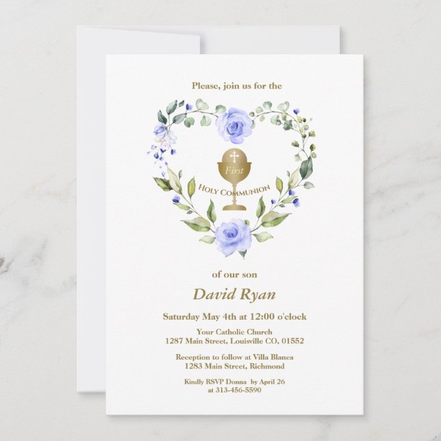 Invitación Flores azules, niño guerrero, primera comunión sag (Anverso)