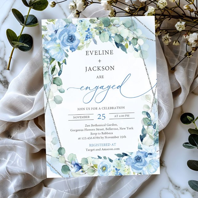 Invitación Flores azules opulentas sabios de plata boho Compr (chic watercolor boho blue flowers eucalyptus silver frame engagement invitation)