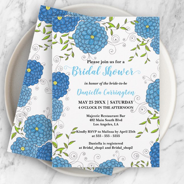 Invitación Flores azules orgánicas y ducha de novia con hojas (Subido por el creador)