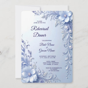 Invitación Flores Azules Ornamentadas con Perlas Cena de Ensa
