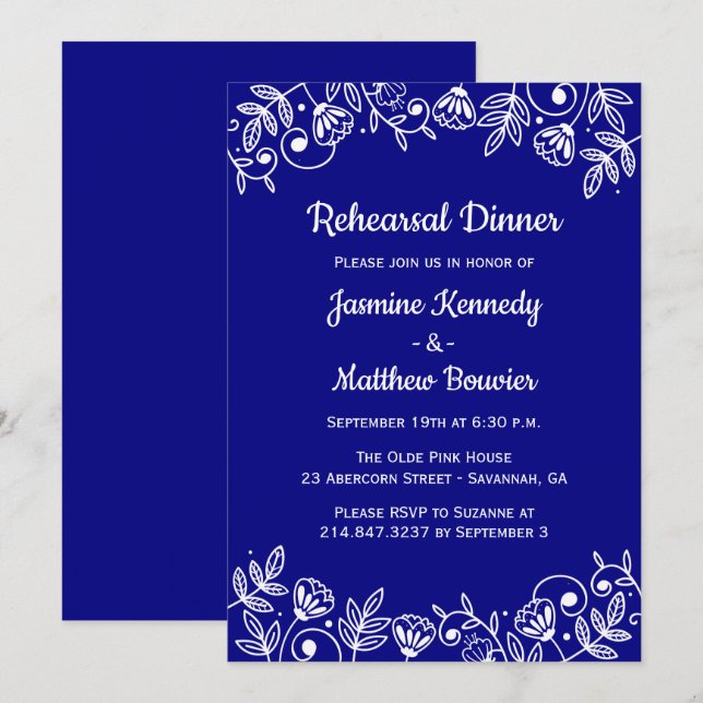 Invitación Flores azules para la cena de ensayo de la marina  (Anverso / Reverso)