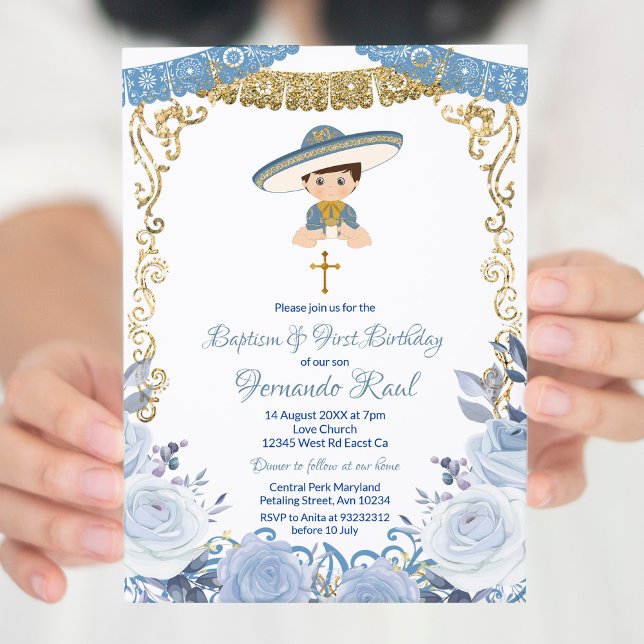 Invitación Flores azules pasteles Fiesta Bautismo y Cumpleaño (Subido por el creador)