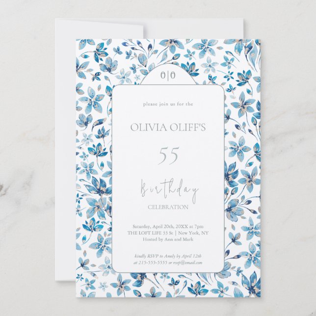 Invitación Flores azules pequeñas cumpleaños cualquier edad (Anverso)