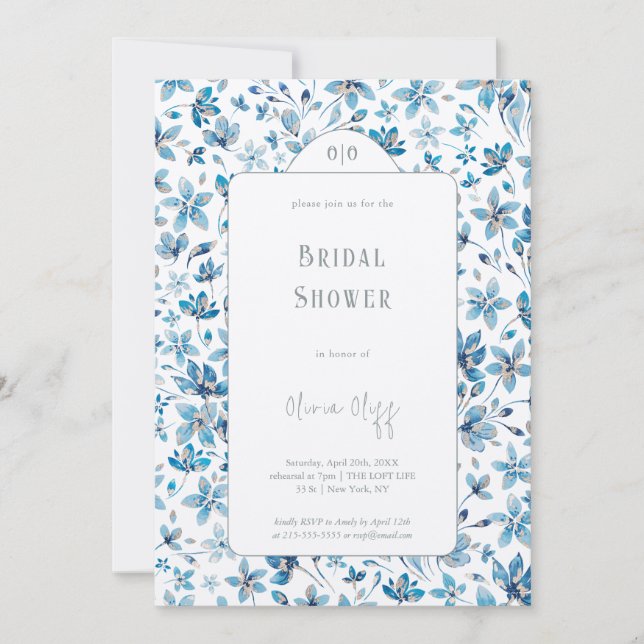 Invitación Flores azules pequeñas duchas de novia (Anverso)
