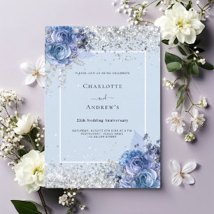 Invitación Flores azules plata aniversario 25 bodas