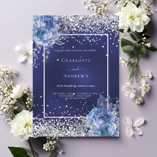 Invitación Flores azules plata aniversario 25 bodas