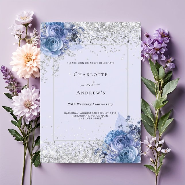 Invitación Flores azules plata de lavanda 25.º boda (Subido por el creador)