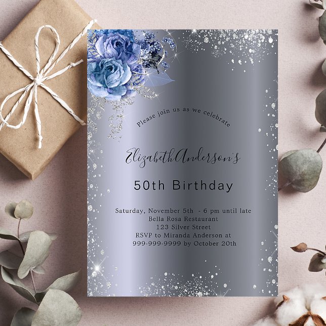Invitación Flores azules plateadas de cumpleaños purpurina el (Subido por el creador)