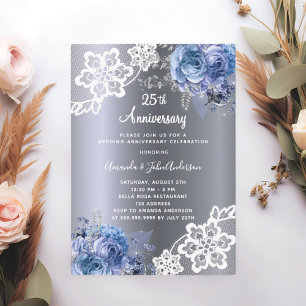 Invitación Flores azules plateadas encaje 25 aniversario boda