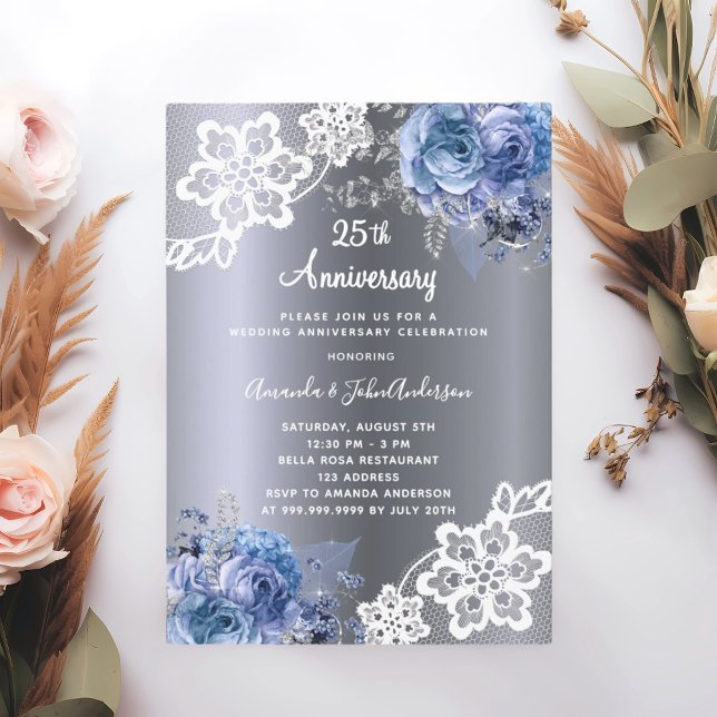 Invitación Flores azules plateadas encaje 25 aniversario boda (Subido por el creador)