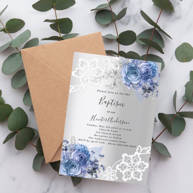 Invitación Flores azules plateadas encaje Bautismo (Subido por el creador)