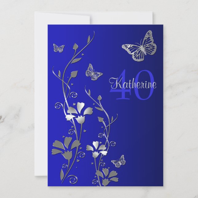 Invitación Flores azules, plateadas y mariposas 40 años (Anverso)