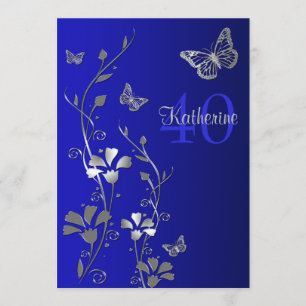Invitación Flores azules, plateadas y mariposas 40 años