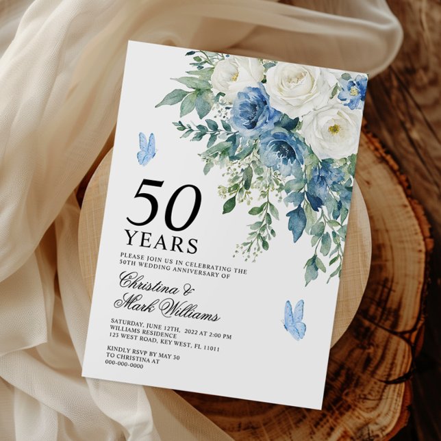 Invitación Flores Azules Polvorientas 50 Aniversario de Boda (Subido por el creador)