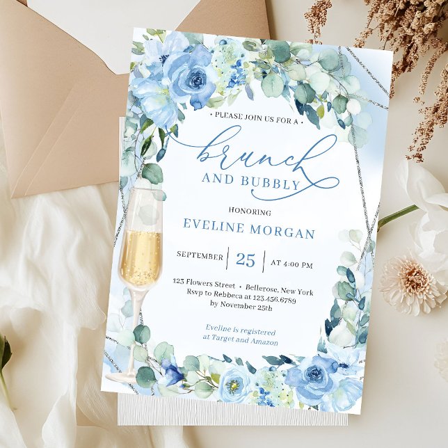 Invitación Flores azules polvorientas Boho brunch y burbujean (modern watercolor light pastel blue flowers eucalyptus silver brunch and bubbly invitation)