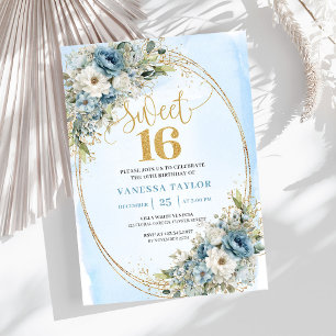 Invitación Flores Azules Polvorientas Chic Cumpleaños Dulces