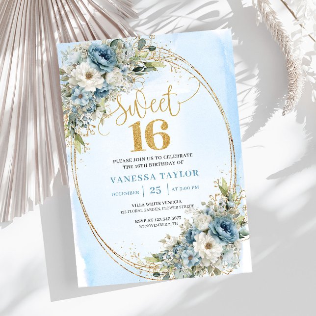 Invitación Flores Azules Polvorientas Chic Cumpleaños Dulces  (Chic Dusty Blue Flowers Sweet Sixteen Birthday Invitation

)