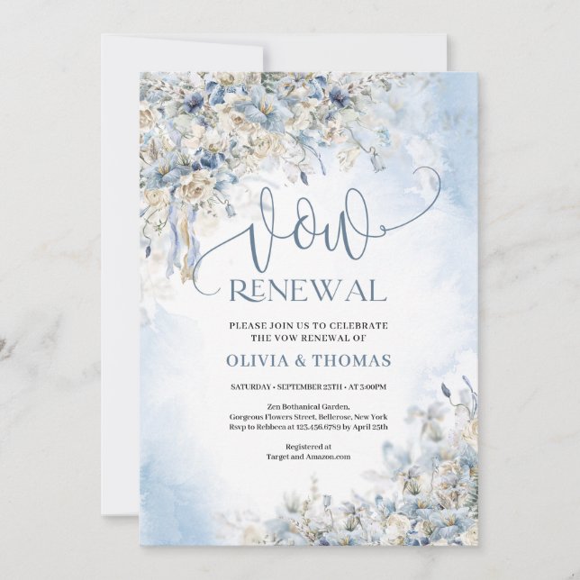 Invitación Flores azules polvorientas de invierno rosas de ma (Anverso)