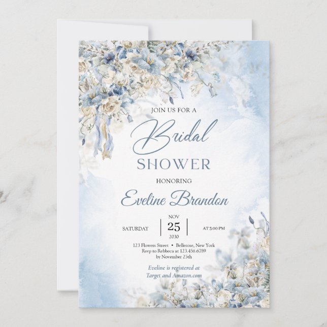 Invitación Flores azules polvorientas de invierno rosas de ma (Anverso)