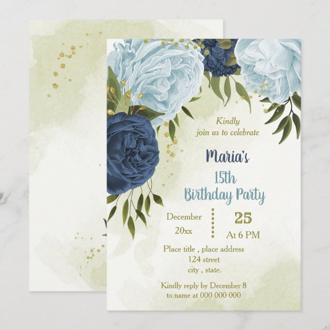 Invitación flores azules polvorientas de la marina hojas verd (Anverso / Reverso)