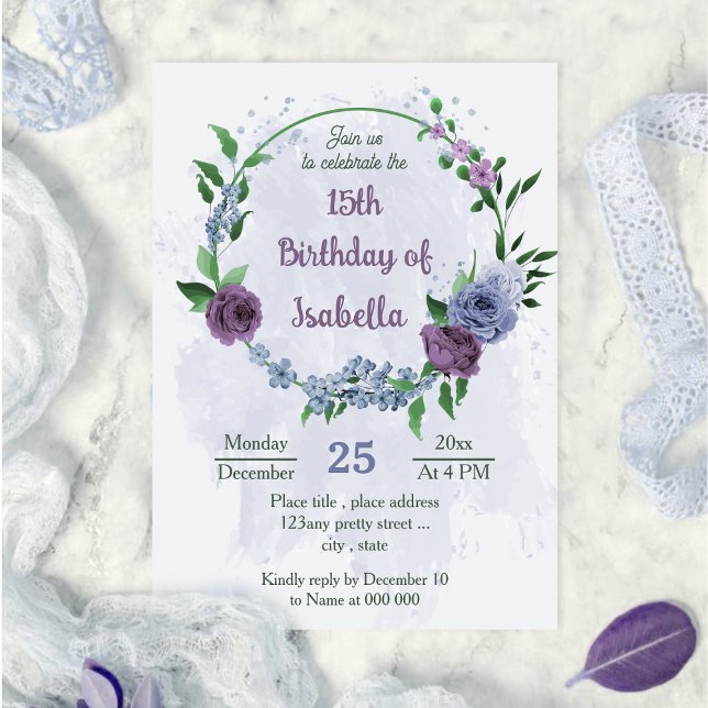 Invitación Flores azules polvorientas moradas hojas verdes cu (Subido por el creador)