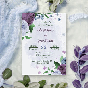 Invitación Flores azules polvorientas moradas hojas verdes cu