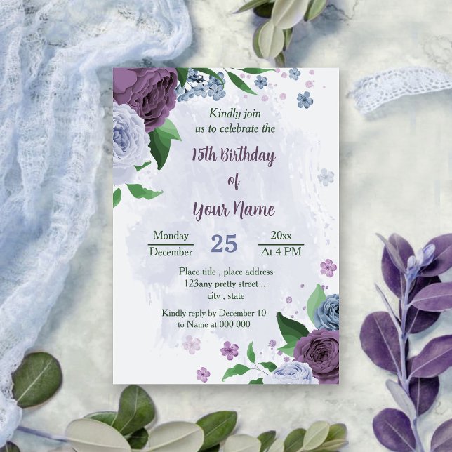 Invitación Flores azules polvorientas moradas hojas verdes cu (Subido por el creador)