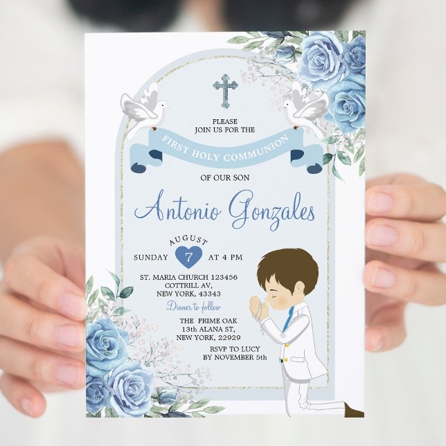 Invitación Flores azules polvorientas niño primera comunión s (Subido por el creador)