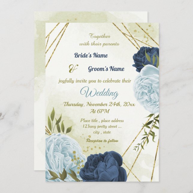 Invitación flores azules polvorientas verde hojas boda (Anverso / Reverso)