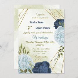Invitación flores azules polvorientas verde hojas boda