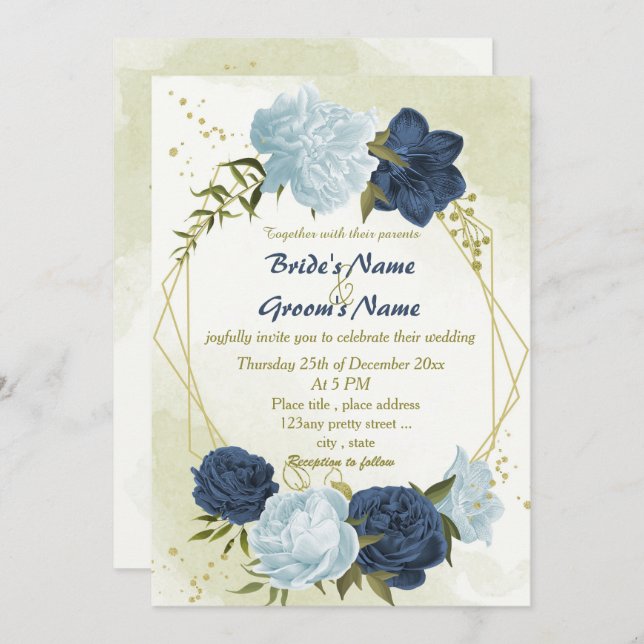 Invitación flores azules polvorientas verde hojas boda (Anverso / Reverso)