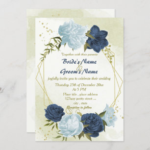 Invitación flores azules polvorientas verde hojas boda