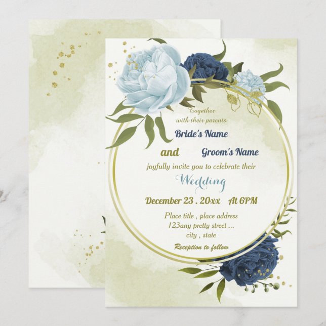 Invitación flores azules polvorientas verde hojas boda (Anverso / Reverso)